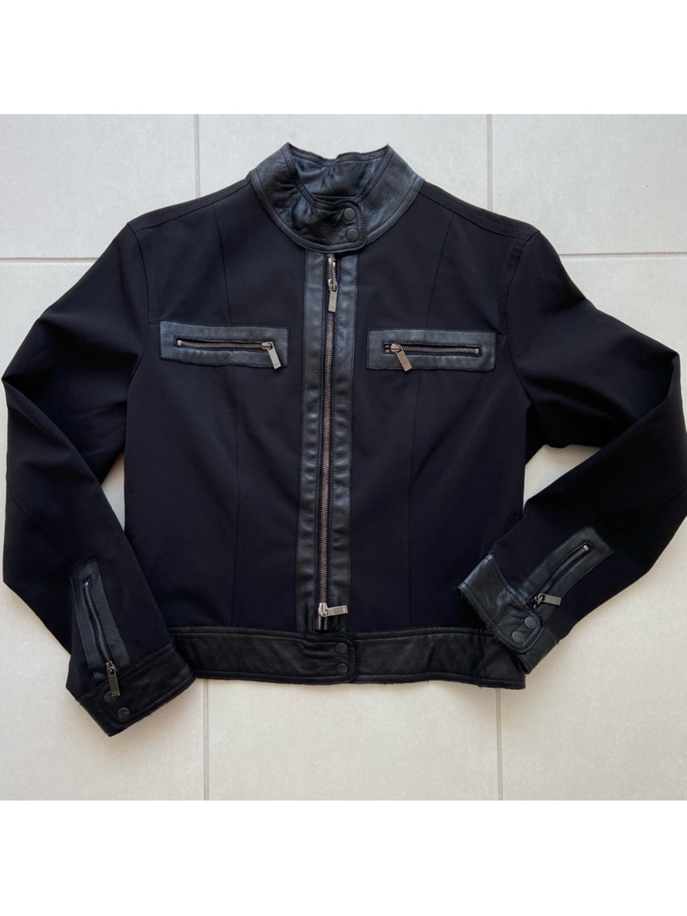 Votre Nom Black Blazer Jacket – Zipper Detail & Faux Leather Trim | Size 8